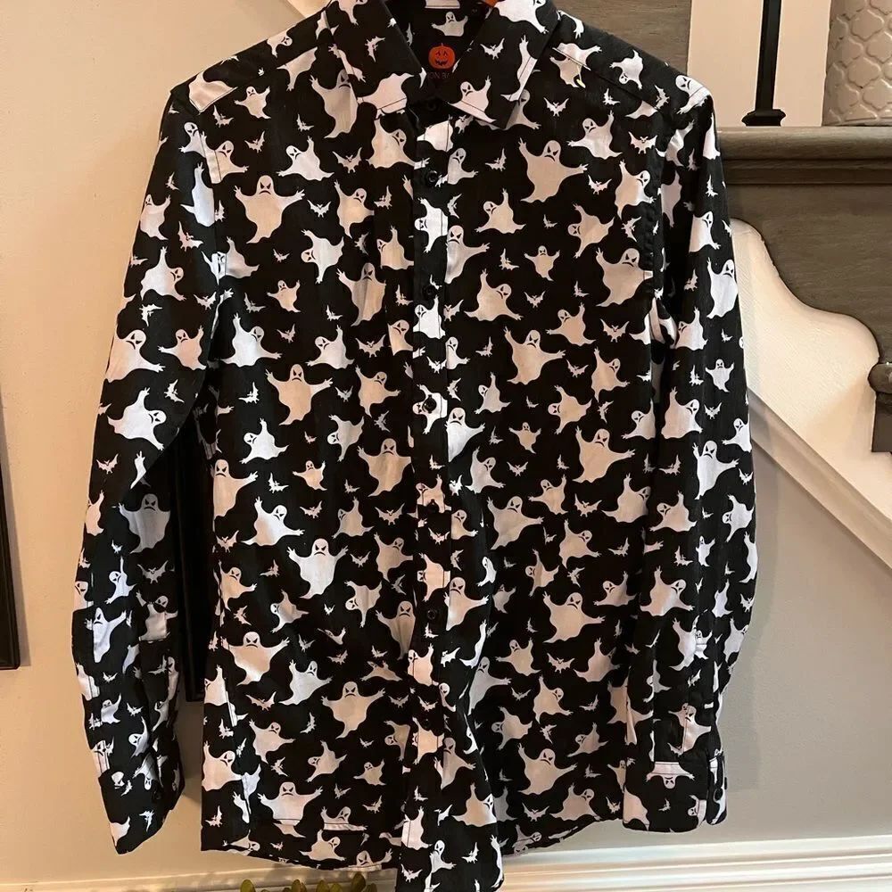Simon Banks Black Ghost Print Button Down Shirt sz M EUC